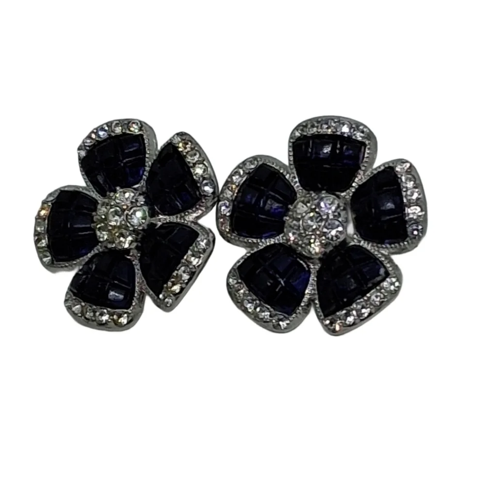 Avon Vintage Sapphire Blue & White Rhinestone Flower Earrings
